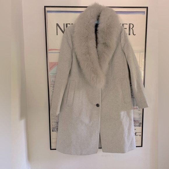 NWT French Connection light grey wool coat with fox fur collar size S - Picture 3 of 13